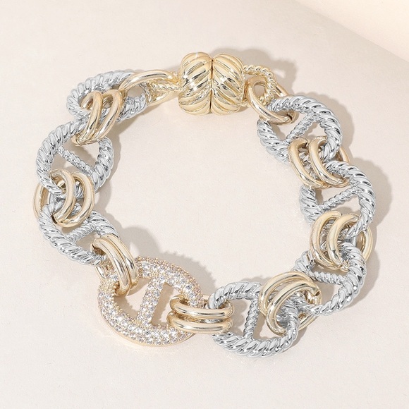 14K GP Pave Link Mariners Bracelet Magnetic Closure - Picture 1 of 6